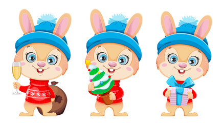 Cute cartoon character rabbit, set of three poses