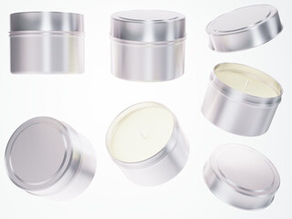 Travel candle in aluminium metal jar with lid 3D render mock-up, different views of candle box isolated on white background design ready template