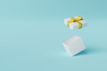 Gift opened on a pastel blue background. Concept of making gifts, buying gifts, shopping. Surprise. 3D render, 3D illustration.