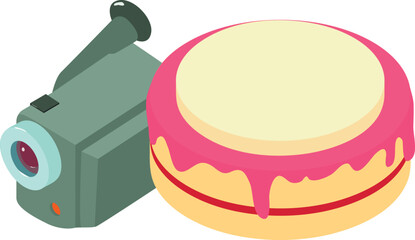Celebration attribute icon isometric vector. Modern video camera and fruit cake. Celebration, event, party