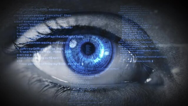 Futuristic Eye with Program Code And Hub. Macro Shot of Iris with Data Code Animation. Representing Concepts as Virtual Reality, Face Recognition, Augmented Reality, Surveillance System, Human Cyborg.