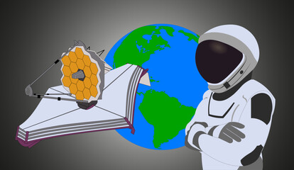 Space Astronaut in new space suit in a front of and James Webb space telescope. Elements of this vector illustration were furnished by NASA