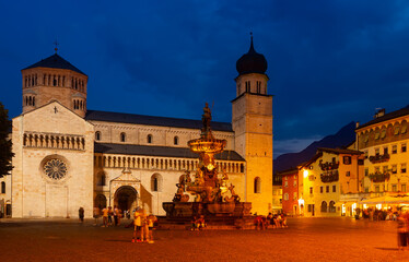 Obraz premium Nettuno Fountain in Duomo square and Civic tower. Trento. Italy. High quality photo