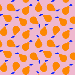 Orange pears on pink background with blue leaves