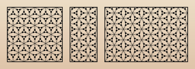 Laser cut patterns. Vector set of modern geometric ornament, abstract grid, mesh. Linear style design. Template for cnc cutting, decorative panels of wood, metal, plastic. Aspect ratio 1:1, 1:2, 3:2