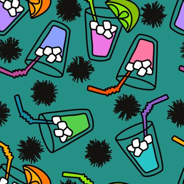 Summer drink seamless cocktails cartoon ice lemon pattern for wrapping paper and clothes print and packaging