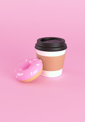 illustration of cup of coffee with pink donut on pink background. 3d rendering. Breakfast concept