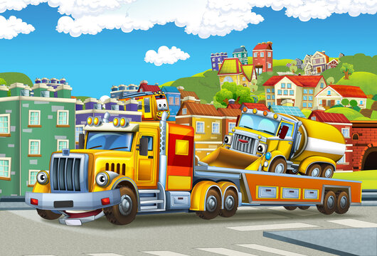 cartoon tow truck driving with load other car in the city