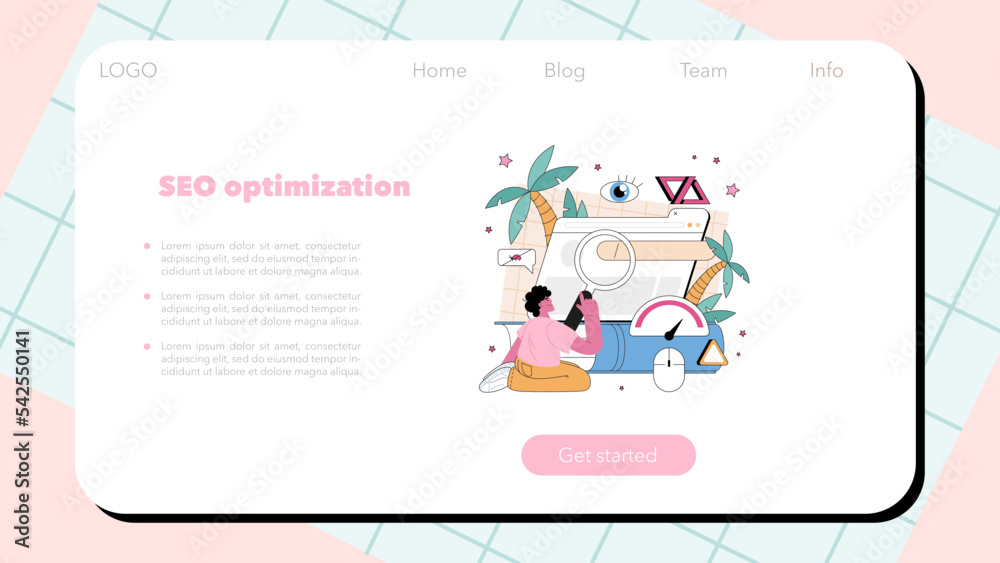 Poster seo optimization web banner or landing page. idea of search engine