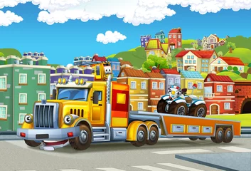 Foto op Canvas cartoon tow truck driving with load other car in the city © honeyflavour