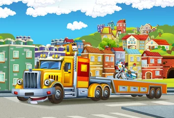 Foto op Canvas cartoon tow truck driving with load other car in the city © honeyflavour