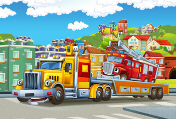 Fototapeta na wymiar cartoon tow truck driving with load other car in the city
