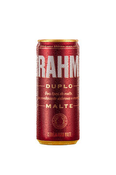 Londrina, Parana, Brazil - Sep 23, 2022 - Studio photography of Brahma Duplo Malte beer can  in a red background. A popular brand sold in Brazil.