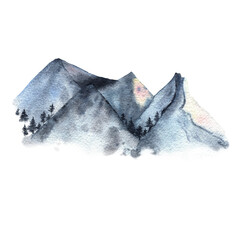 Iced rocks, Watercolour illustration of Winter landscape view, wild nature with mountains and trees. Indigo blue snowing mountains isolated on white.