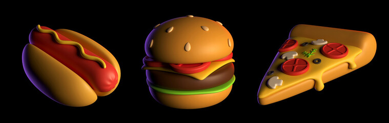 3d illustration set of pizza slice, burger and hotdog isolated on a black background, 3d rendering,  fast food