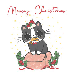 Cute Christmas cat illustration, featuring an Adorable kawaii character with holiday decorations.  Perfect for festive designs and Xmas greeting cards