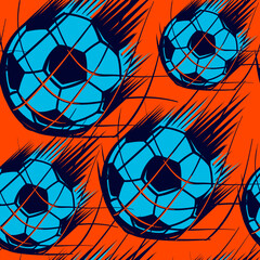 Motion soccer ball seamless pattern on orange background.  Endless football ornament. Sport repeat print