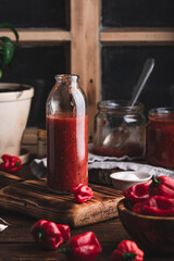 Fresh Cooked Hot Chili Sauce with Habanero Peppers in Bottle