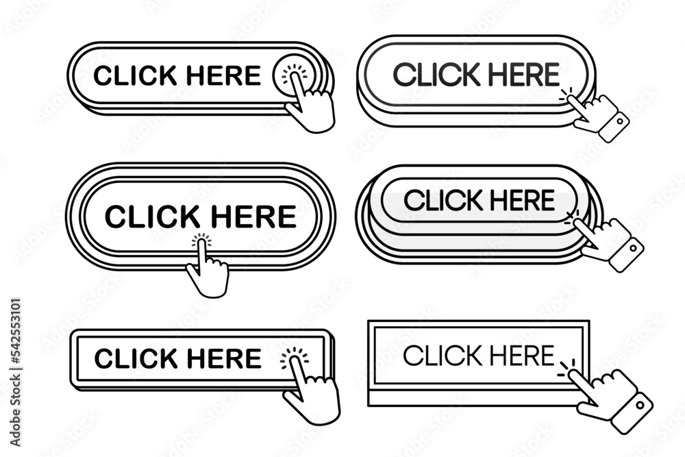 Aufkleber click here button with hand or mouse cursor. click buttons collection. computer mouse cursor. set fo
