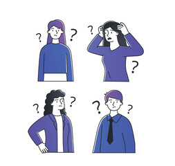 Pensive people set. Collection of thoughtful characters with question marks. Stickers for social networks and messengers, emotions. Cartoon flat vector illustrations isolated on white background