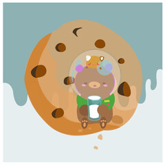 Ilustración dibujada a mano de un lindo oso en la luna a todo color.