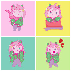 Conjunto de ilustraciones dibujadas a mano de una linda niña y su amigo conejo a todo color.