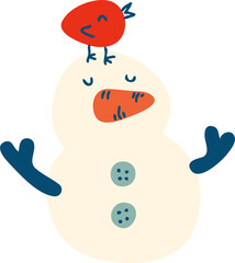 Hand drawn snowmen and bird illustration.
