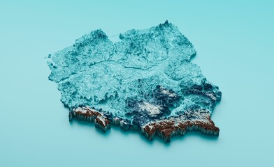 3D render of topographic Poland Map Hypsometric Elevation tint Spectral Shaded relief map
