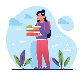 Back to school. Young girl with briefcase and stack of books. September 1, international holiday of knowledge. Education, learning and training. Poster or banner. Cartoon flat vector illustration