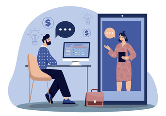 Business Team concept. Man and woman working on common project. Collaboration, cooperation and partnership, colleagues. Organization of effective work in company. Cartoon flat vector illustration