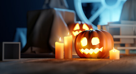 halloween Jack O Lantern pumpkins and glowing candle home decorations. Spooky 3D illustration