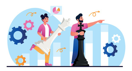 Business strategy concept. Man and woman with chess in hands. Planning, visioning future and setting goals. Leadership and motivation. Partnership and cooperation. Cartoon flat vector illustration