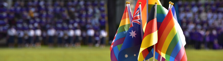 Rainbow flags and flags of many countries in front of green grasslawn of asian school, concept for celebration of lgbtq+ genders in pride month around the world, soft and selective focus.
