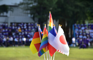 Rainbow flags and flags of many countries in front of green grasslawn of asian school, concept for celebration of lgbtq+ genders in pride month around the world, soft and selective focus.