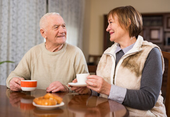 Portrait of elderly couple sitting at table and drinking tea. High quality photo