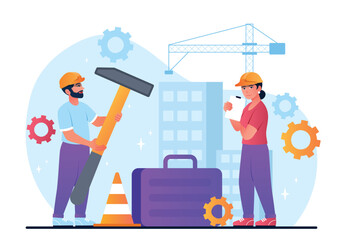 Labour day concept. Man and woman in protective shields in front of high rise building. Builders and repairmen, engineers and architects. Poster or banner for website. Cartoon flat vector illustration