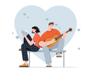 People with Hearts. Can with guitar and woman with book sitting on bench, romantic date, joint vacation and useful hobbies. Creative and intelligent young couple. Cartoon flat vector illustration