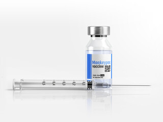 Syringe is next to the ampoule or vial of monkeypox vaccine. 3D render on white.