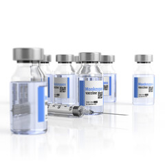 Ampoules or vials of monkeypox vaccine and a syringe ready for vaccination. 3D render on white.