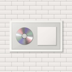 Realistic Vector 3d CD, Label with White CD Cover Frame on White Brick Wall Background. Single Album Compact Disc Award, Limited Edition. CD Design Template