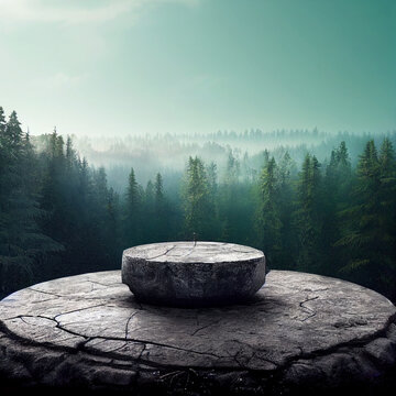 Flat small stone podium on rock platform 3d illustration, gray rock pedestal for product display, green forest and blue horizon on the background, natural scenery landscape, soft daily light
