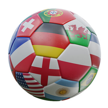 Football with flags of a multiple countries. 3D illustration isolated on white background.