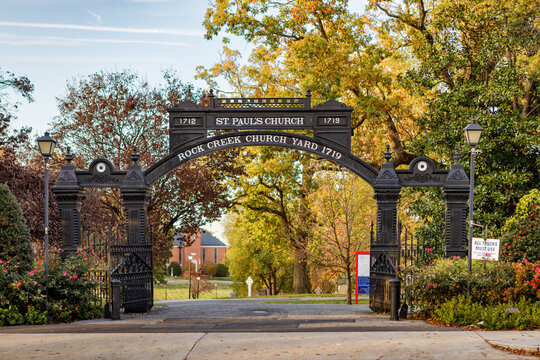 Washington, DC USA - November 4, 2019: Entrance gate to the historic St. Paul's Rock Creek Church Yard and Cemetery dating back to the Colonial period in 1719