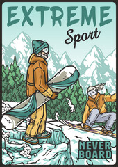 Obraz premium Snowboarder on a snowy mountain. Winter extreme sport. A vertical poster about snowboarding