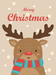 Illustration of a cute deer with a red nose in a striped scarf. Vector Christmas card