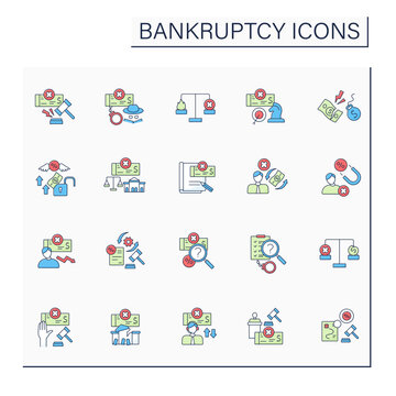 Bankruptcy color icons set. Legal process.Legally approved in court. Economy collapse concept. Isolated vector illustrations
