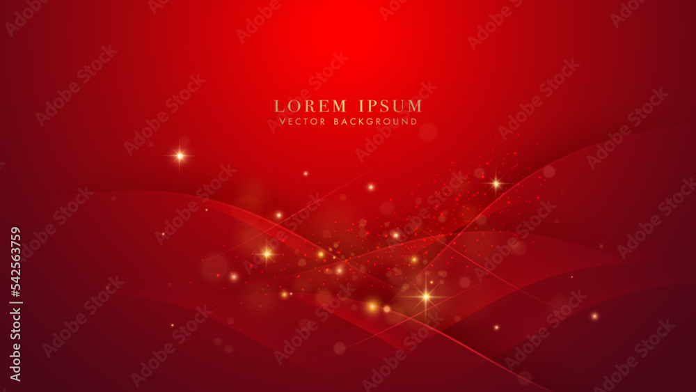 Sticker red curve with sparkle glowing effect, shine dots, and bokeh elements on red background. luxury styl
