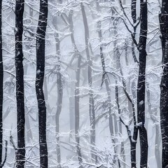 A gentle breeze is blowing through the trees, sending a shower of snowflakes spiraling into the air. The forest floor is covered in a soft blanket of snow, and icicles hang like sparkling diamonds fro