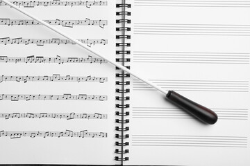 Conductor's baton on sheet music book, top view