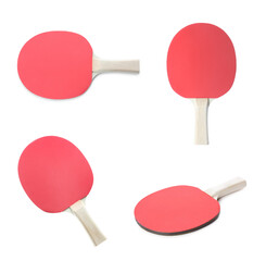 Set with ping pong rackets on white background